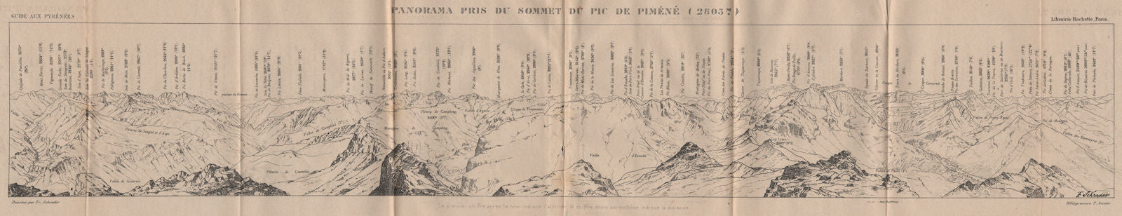 PIC DE PIMÉNÉ PANORAMA. Vintage plan. Hautes-Pyrénées 1921 old antique map